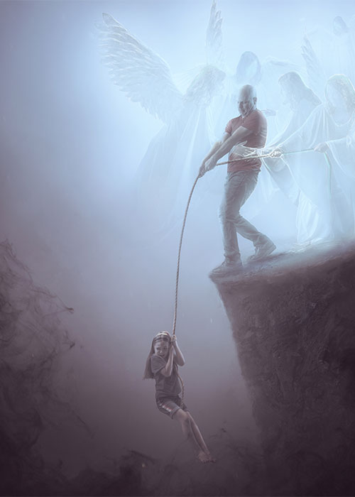 man saving child while angels help